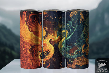Celestial Clash Tumbler – Phoenix & Dragon Battle Scene | 20oz Fantasy Fire and Sky Drinkware