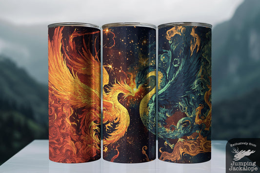 Celestial Clash Tumbler – Phoenix & Dragon Battle Scene | 20oz Fantasy Fire and Sky Drinkware