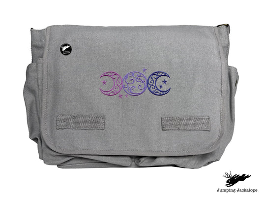 Triple Moon Design Embroidered Classic Canvas Messenger Bag,