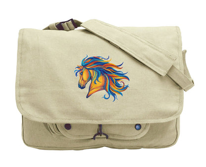 Vibrant Horse in Watercolor Embroidered Canvas Messenger Bag