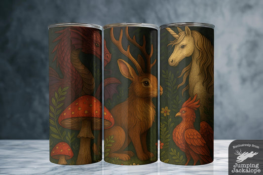 Enchanted Woodland Creatures Tumbler – Dragon, Jackalope, Unicorn & Phoenix