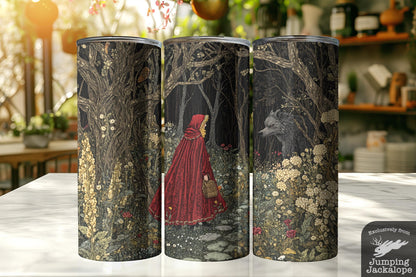 Red Riding Hood & the Watchful Wolf – 20oz Dark Forest Fairytale Tumbler | Vintage Folk Art Cup