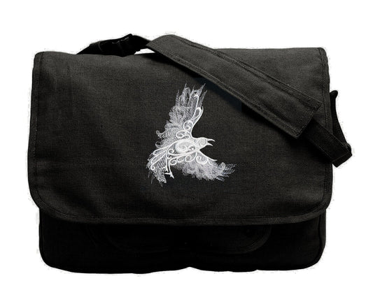 Raven Bag, Embroidered Raven Canvas Laptop Bag, Raven Messenger Bag, Ghost Baroque - Raven Embroidered Canvas Messenger Bag