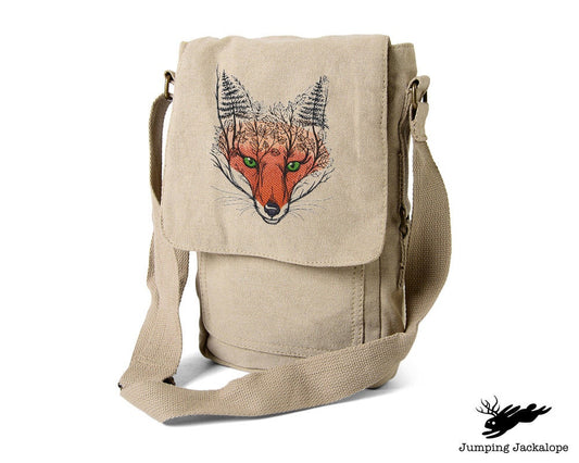 Autumn Fox, Fox Embroidered Canvas Tech, Tablet, iPad, Kindle, Fire, Camera Bag