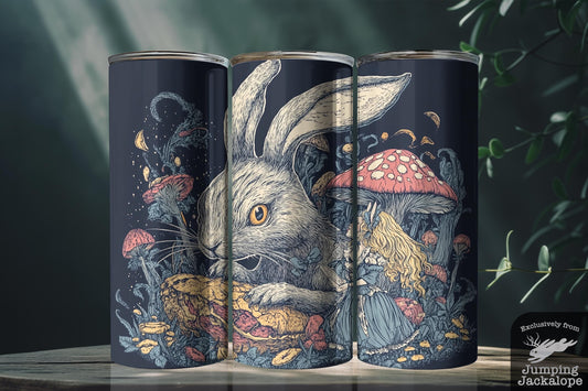 Alice & the White Rabbit Tumbler – 20oz Gothic Wonderland Scene | Sublimated Fantasy Cup | Customizable Fairytale Gift