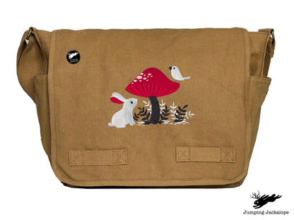A Curious Find Bunny and Mushroom Design Embroidered Classic Canvas Messenger Bag