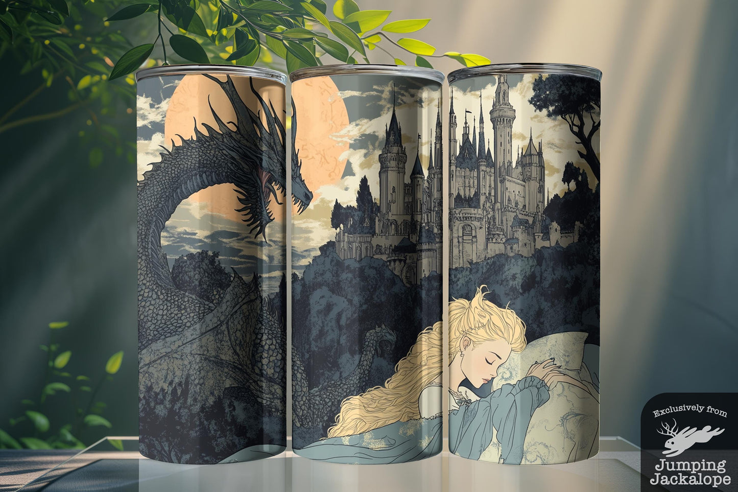 Sleeping Beauty Under the Blood Moon – 20oz Dark Fantasy Castle & Dragon Tumbler | Whimsical Fairytale Drinkware