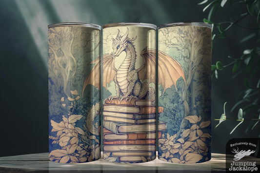 Celestial Tome Dragon Tumbler – 20oz Storybook Fantasy Design | Cozy Cottagecore Dragon Cup
