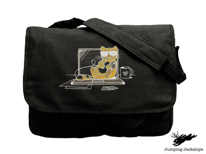 Purr-fectly Cool Co-worker Kitty Embroidered Canvas Messenger Bag,  Cat Bag, Work Cat Bag
