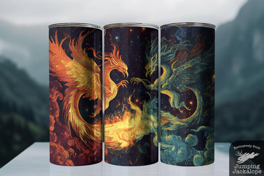 Legendary Sky Battle Tumbler – Phoenix vs. Dragon in Fiery Cosmos | 20oz Epic Fantasy Drinkware