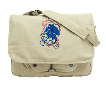 Dragon Crouching in Fantasy Flames Embroidered Canvas Messenger Bag