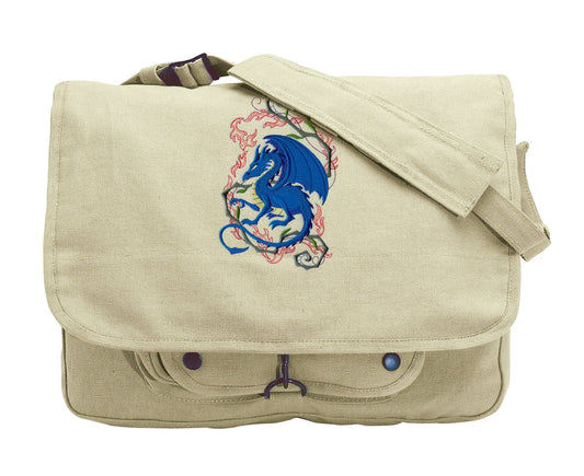 Dragon Crouching in Fantasy Flames Embroidered Canvas Messenger Bag