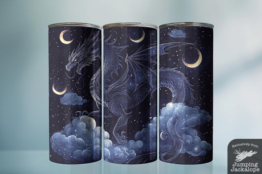 Mystic Moon Dragon Tumbler – 20oz Night Sky Fantasy Drinkware | Celestial Blue Cloud Art