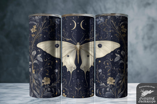 Golden Flight Moth Tumbler – Elegant Gold Moth and Moonlit Floral Mug
