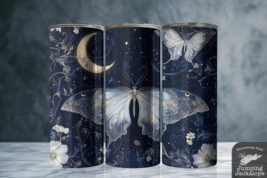 Celestial Moth Garden Tumbler – 20oz Lunar Moth with Moon Phases & Floral Night Sky