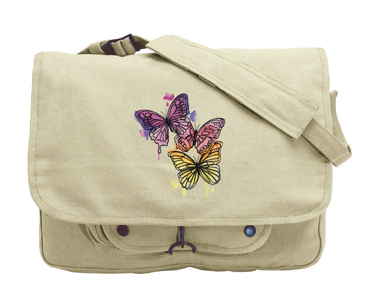 Painted Butterflies Embroidered Canvas Messenger Bag