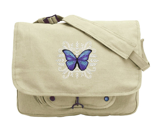 Blue Morpho Butterfly Medallion Embroidered Canvas Messenger Bag