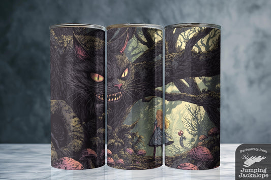 Enchanted Encounter Tumbler – Alice Meets Cheshire | 20oz Gothic Sublimated Mug | Magical Forest Gift