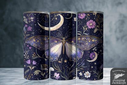 Twilight Bloom Moth Tumbler – Violet & Gold Fantasy Moth and Moon Cup