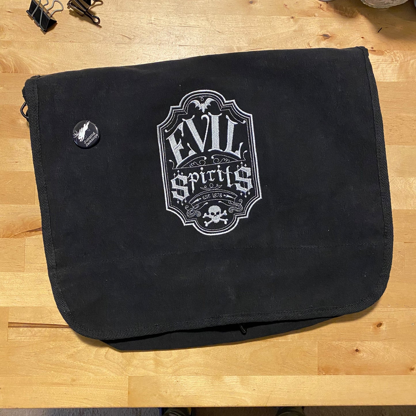 Evil Spirits Apothecary Label Embroidered Canvas Messenger Bag