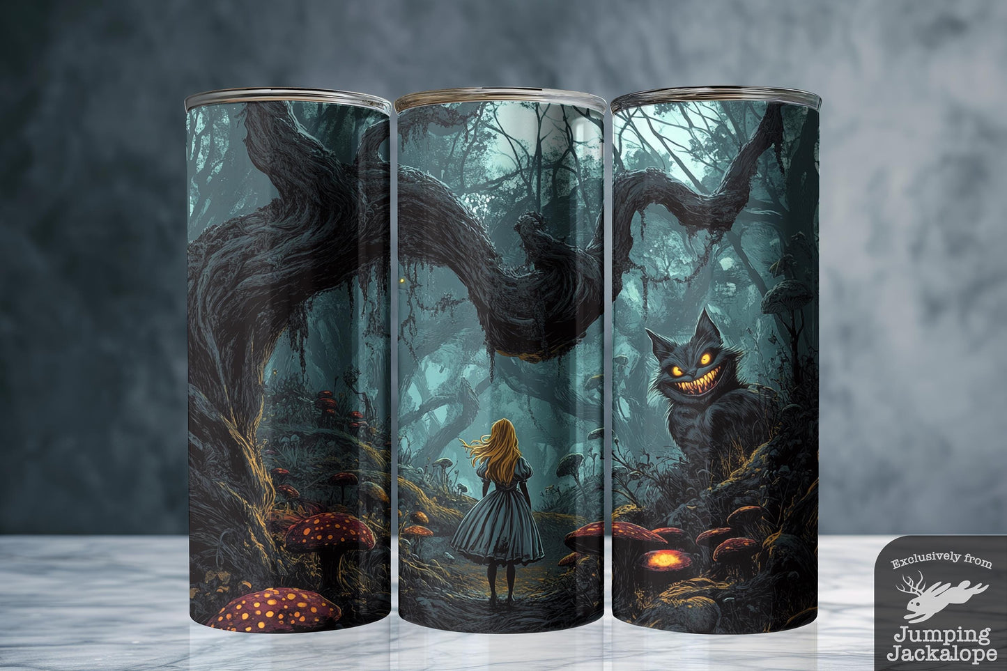 Mystical Forest Meeting Tumbler – Alice and Cheshire Cat Art | 20oz Gothic Fantasy Drinkware