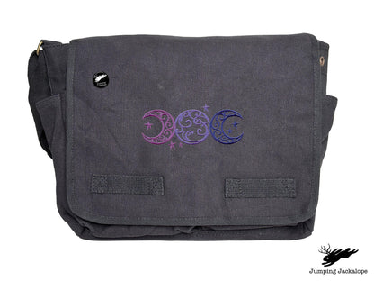 Triple Moon Design Embroidered Classic Canvas Messenger Bag,
