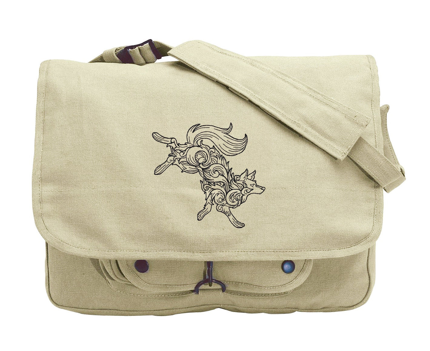 Wolf Messenger Bag, Wolf Canvas Bag, Baroque Wolf Embroidered Canvas Messenger Bag
