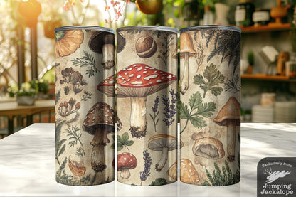 Illustrated Mushroom Tumbler – 20oz Black Ink Forest Fungi Print