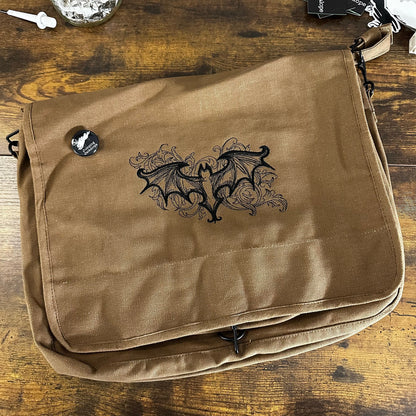 Elegant Bat Embroidered Canvas Messenger Bag