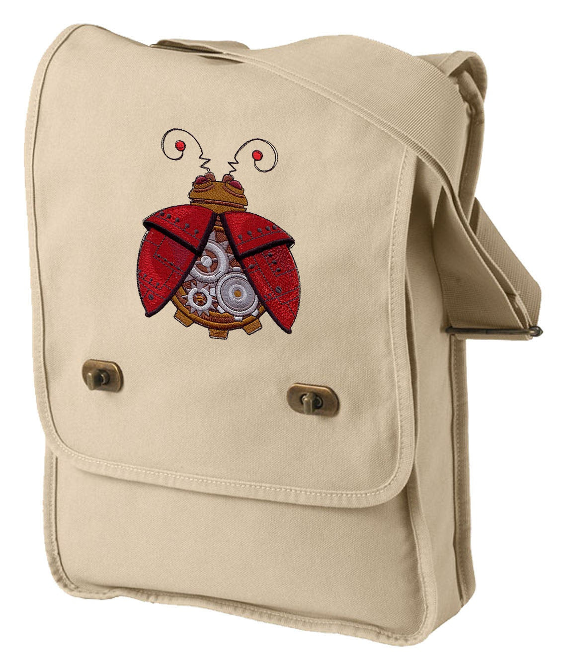 Steampunk Ladybug Embroidered Canvas Field Bag
