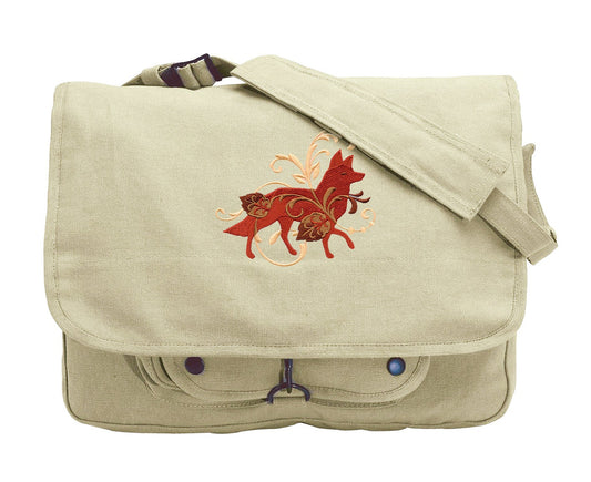 Filigree Fox Embroidered Canvas Messenger Bag