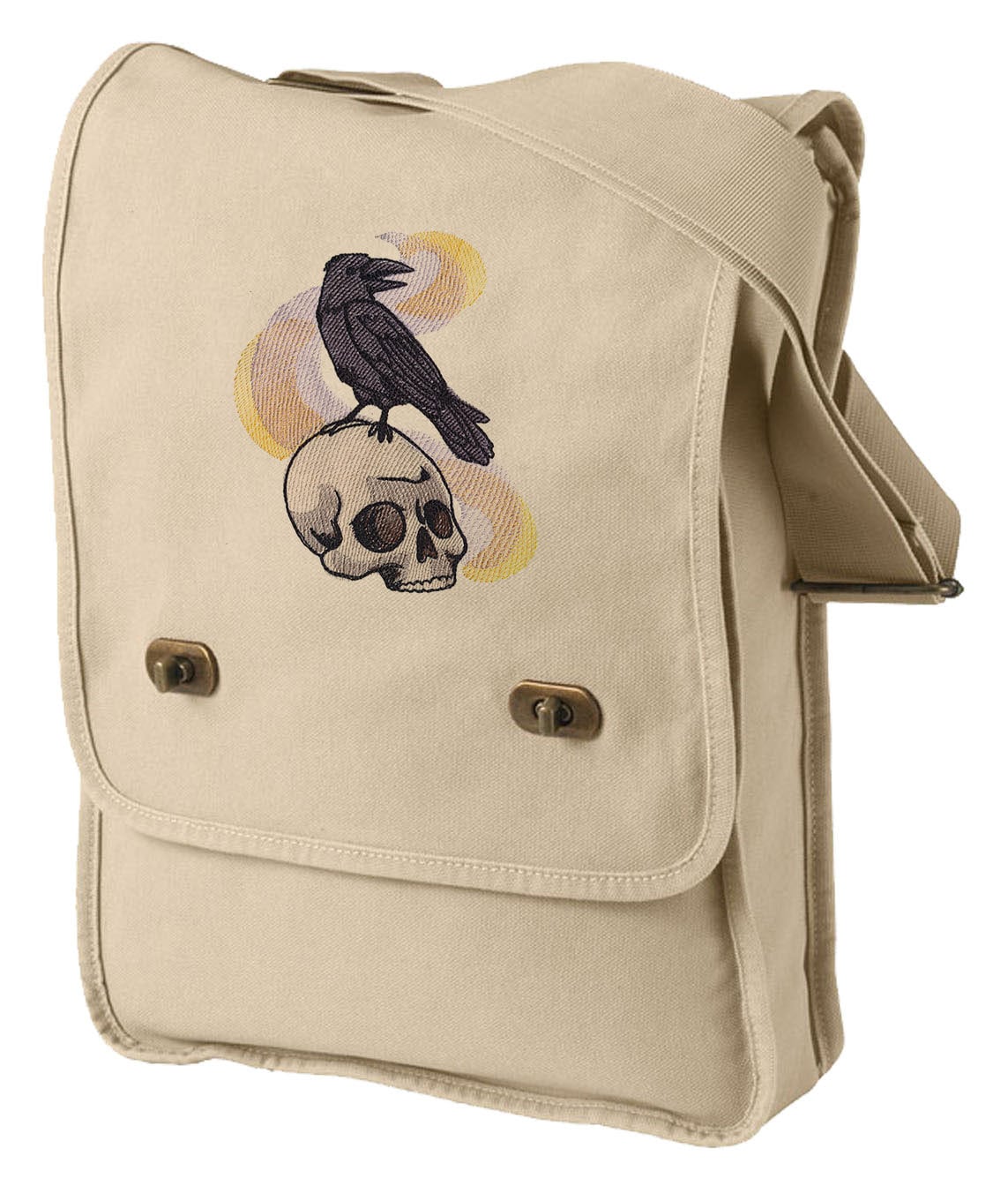 Painted Skull and Raven Embroidered Canvas Field Bag