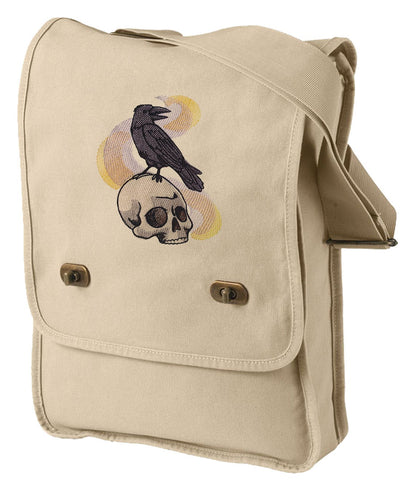 Painted Skull and Raven Embroidered Canvas Field Bag