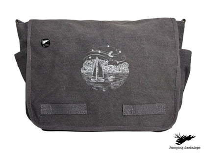 Starry Night Ocean Scene Embroidered Messenger Bag