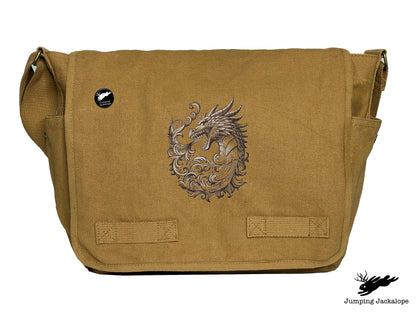 Baroque Scrollwork Dragon Embroidered Classic Canvas Messenger Bag