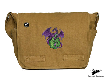 D20 Dragon Embroidered Classic Canvas Messenger Bag