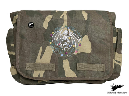 Floral Dragon Skeleton Embroidered Classic Canvas Messenger Bag