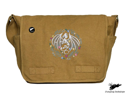 Floral Dragon Skeleton Embroidered Classic Canvas Messenger Bag