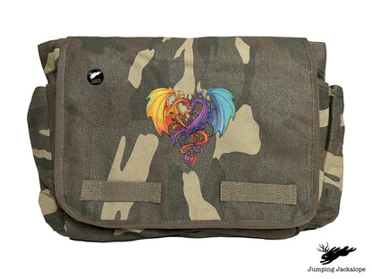 Intertwined Rainbow Heart Dragons Embroidered Classic Canvas Messenger Bag