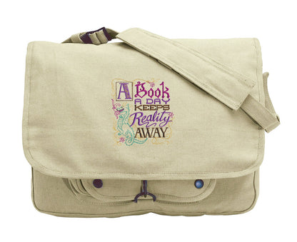 A Book a Day Keeps Reality Away Embroidered Canvas Messenger Bag