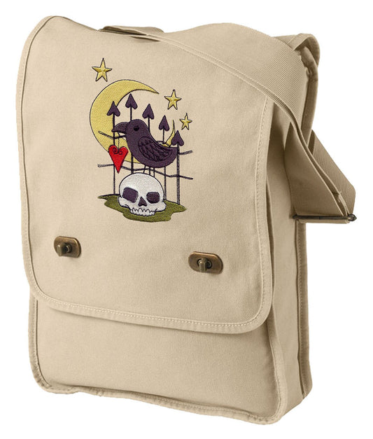 Raven and Skull Embroidered Canvas Field Bag