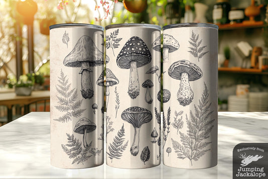 Amanita & Ferns Tumbler – Black Ink Mushroom Study on Ivory