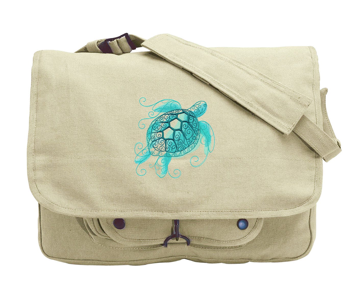 Aqua Marine - Sea Turtle Embroidered Canvas Messenger Bag