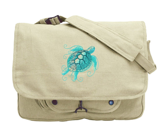 Aqua Marine - Sea Turtle Embroidered Canvas Messenger Bag