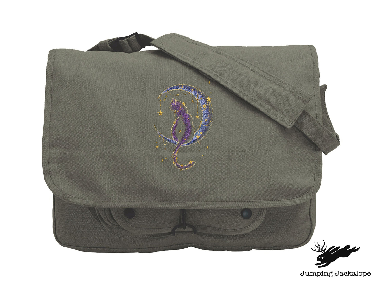 Under the Stars Kitty Embroidered Canvas Messenger Bag,  Cat Bag, Cat Moon Bag