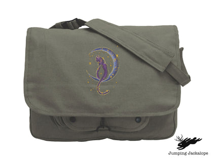 Under the Stars Kitty Embroidered Canvas Messenger Bag,  Cat Bag, Cat Moon Bag