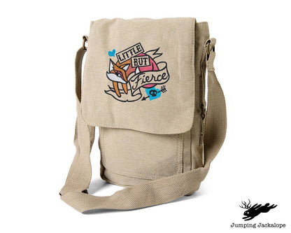 Femme Fatale - Little but Fierce, Fox Embroidered Canvas Tech, Tablet, iPad, Kindle, Fire, Camera Bag