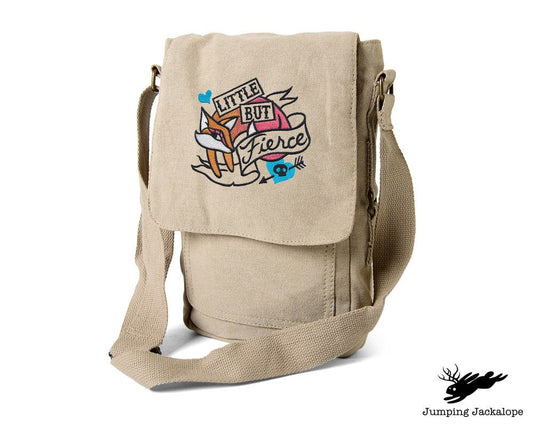 Femme Fatale - Little but Fierce, Fox Embroidered Canvas Tech, Tablet, iPad, Kindle, Fire, Camera Bag