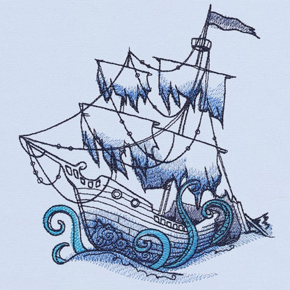 Pirate Ship Messenger Bag, Ship Canvas Bag, Pirate School Bag, Ship Bookbag, Ocean Blue - Sunken Ship Embroidered Canvas Messenger Bag