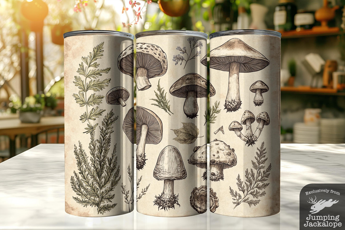 Botanical Mushroom Sketch Tumbler – Vintage Mycology with Rustic Nature Accents | 20oz Tumbler